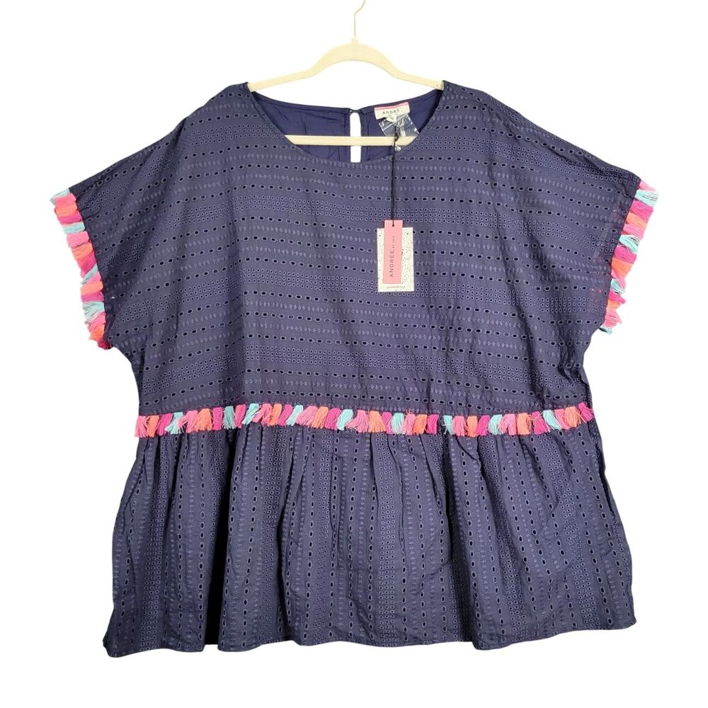 NWT Andree by UNIT P15007-1 Blue Eyelet Rainbow Tassel Boho Dolman Top SIZE 3X